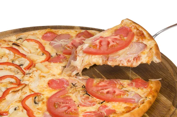 Pizza with ham cheese tomatoes and peppers — Stock Photo, Image