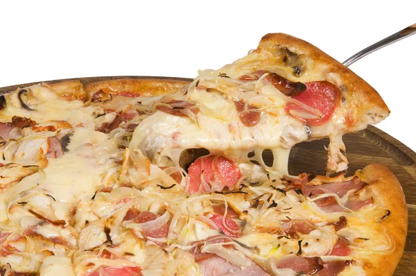 Chicken pizza with salami and pepper mushrooms — Stock Photo, Image