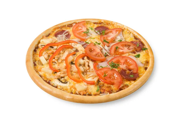 Pizza with ham, tomatoes, mushrooms and tomatoes — Stock Photo, Image