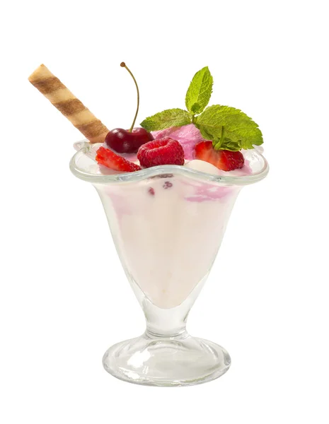 Ice cream with strawberries cherry and raspberries mint — Stock Photo, Image