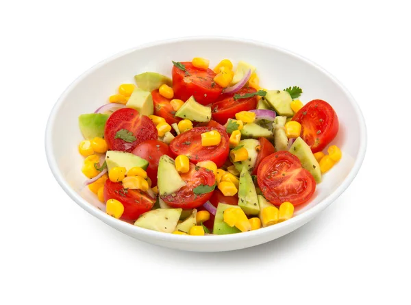 Avocado Tomaat Maïs Salade Een Witte Salade Kom Geïsoleerd Witte Stockfoto