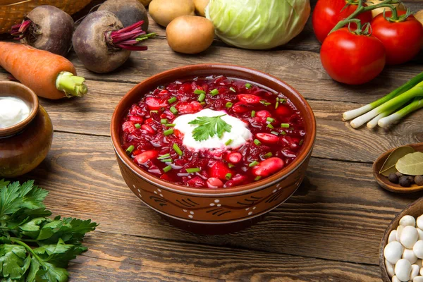 Traditional Ukrainian Borscht Beetroot Beans Meat Vegetables Ceramic Bowl Ingredients 图库图片