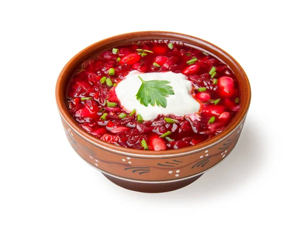 Traditional Ukrainian Borscht Beetroot Beans Meat Vegetables Ceramic Bowl Isolated — Foto Stock