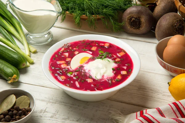 Traditional Ukrainian Summer Cold Borscht Beetroot Cucumbers Boiled Egg Ceramic — 스톡 사진