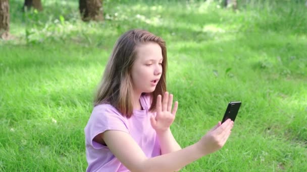 Chica adolescente con teléfono inteligente que tiene videollamada. Chica sentada en el césped en el parque de la ciudad y hablando con sus familiares en el teléfono celular — Vídeo de stock