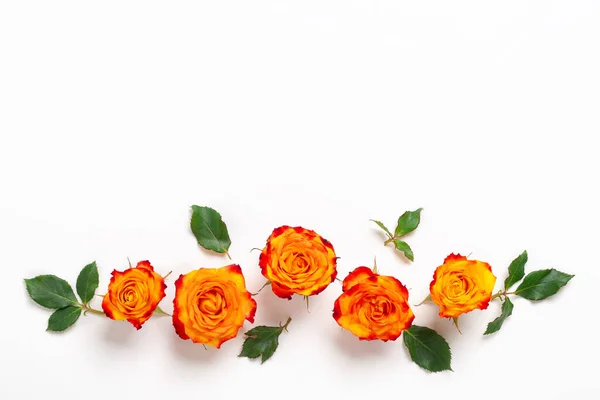 Virágok összetétele. Keret készült rózsa virágok és zöld levelek fehér alapon. Anyák napja, nők napja. Lapos fekvésű, felülnézet Stock Kép