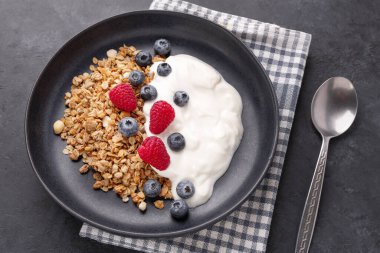 Kurutulmuş tahıl ve siyah seramik tabakta böğürtlen ve koyu taş kaplama yoğurt. Sağlıklı enerji kahvaltısı ya da atıştırmalık. Üst görünüm