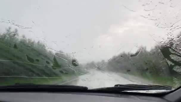 De ruitenwissers schuiven op natte voorruit. Autorijden tijdens zware regenval. Binnenkant van de auto — Stockvideo