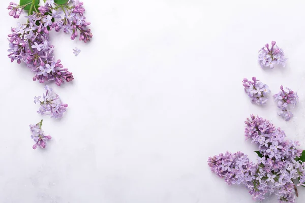 Flowers composition. Frame made of lilac flowers on stone background. Mothers day, womens day concept. Flat lay, top view Royalty Free Stock Photos