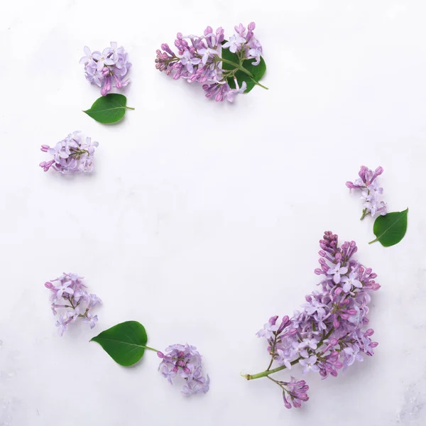 Flowers composition. Circle made of lilac flowers and green leaves on stone background. Mothers day, womens day concept. Copy space for your congratulations Stock Picture