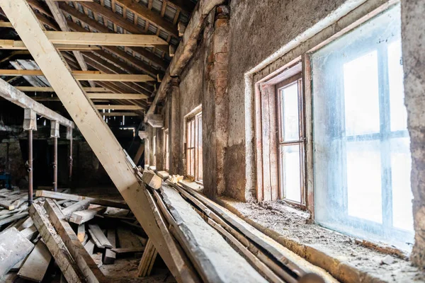 Interior Old Abandoned Warehouse Window Light Pile Wood Planks — Stock Photo, Image