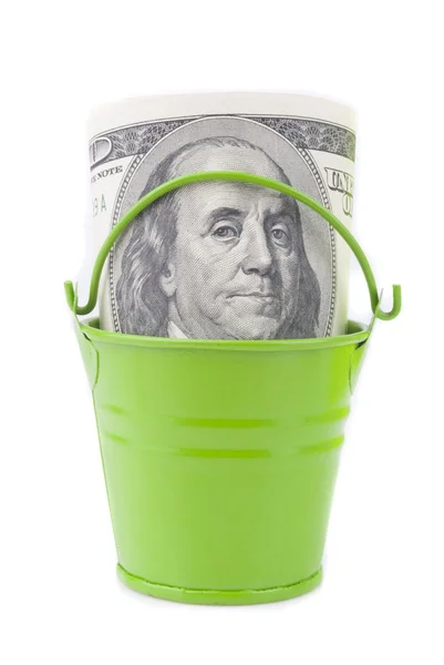 Dollars in green bucket. — Stock Photo, Image