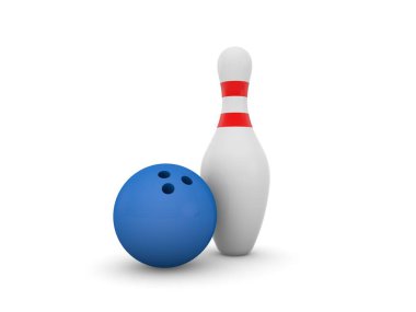 Beyaz arka planda bowling topu ve iğne. 3d resimleme. 
