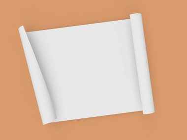 Turuncu arka planda bir rulo A4 ofis kağıdı. 3d resimleme.
