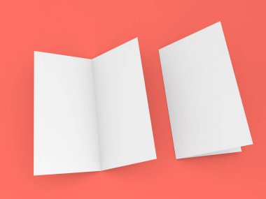 Kırmızı arkaplan üzerine açık ve kapalı broşür. 3d resimleme.