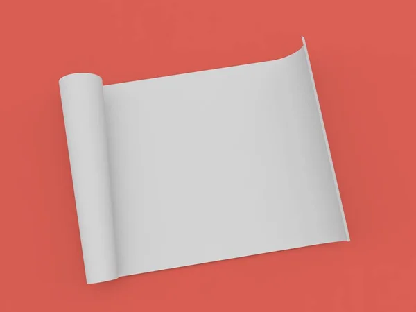 赤い背景に白い紙のA4サイズのロールアップ 3Dレンダリング図 — ストック写真