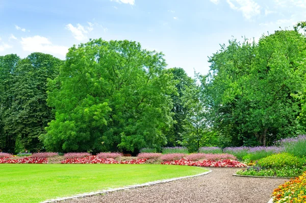 Sommergarten mit Rasen und Blumengarten — Stockfoto