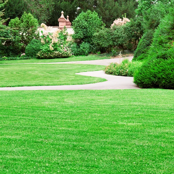 Parque de verão com belos gramados verdes — Fotografia de Stock