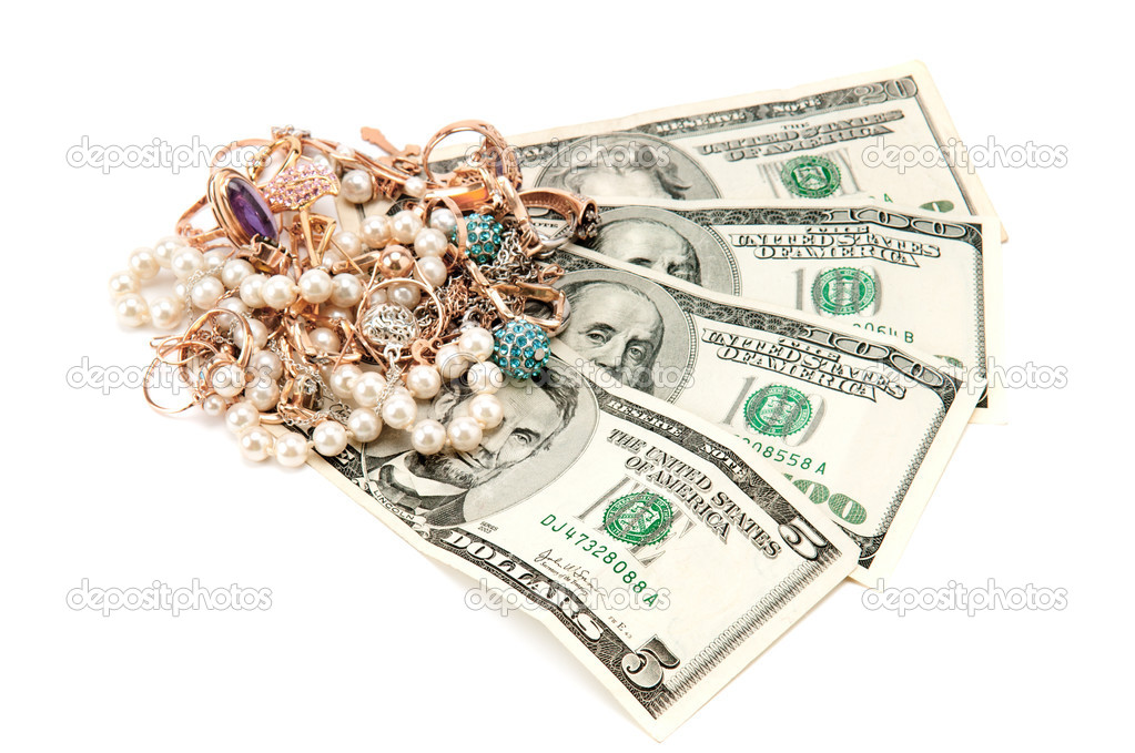 Gold ornaments and dollars isolated on a white background