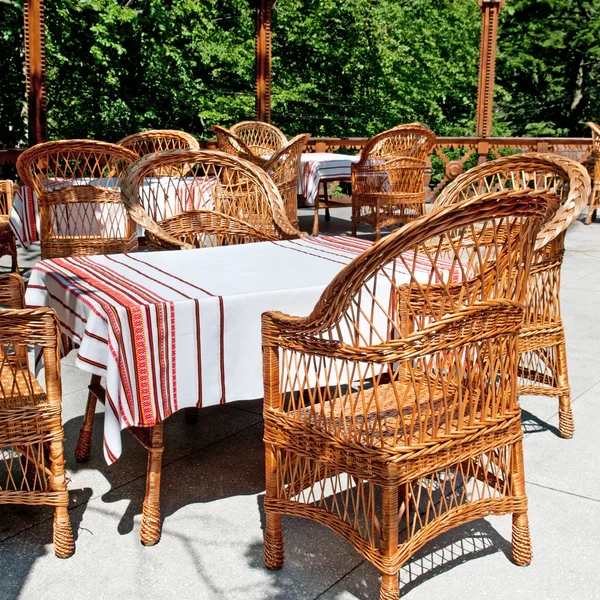 Furniture made of willow twigs on the outdoor terrace restaurant — Stock Photo, Image