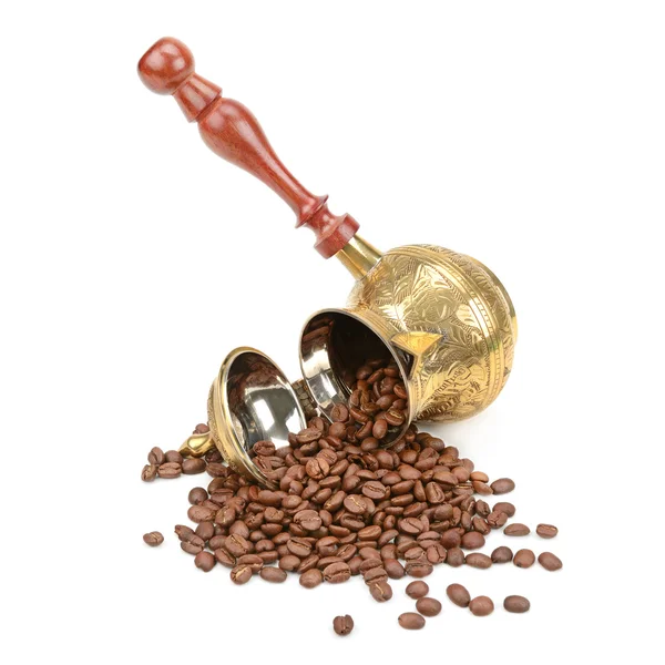 Cafeteira e grãos de café — Fotografia de Stock