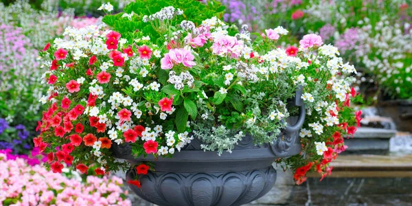 Beautiful Flower Arrangement Metal Vase Summer Park Wide Photo — Stock Photo, Image