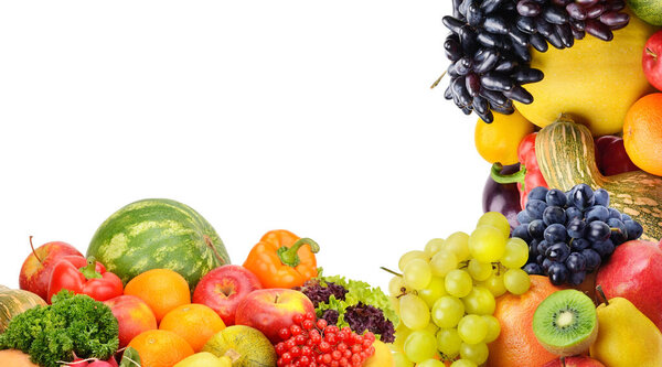 Composition of fruits and vegetables isolated on white background. Nice frame with free space for text. Collage.