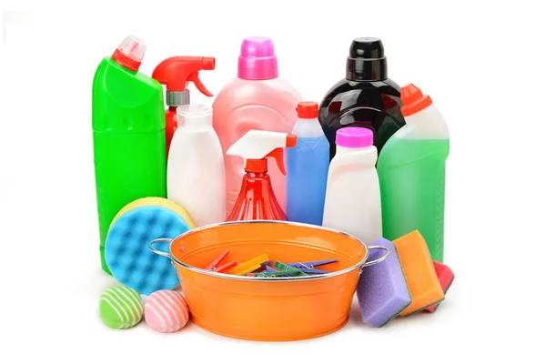 Collection Various Household Cleaning Products Isolated White Background — Stock Photo, Image