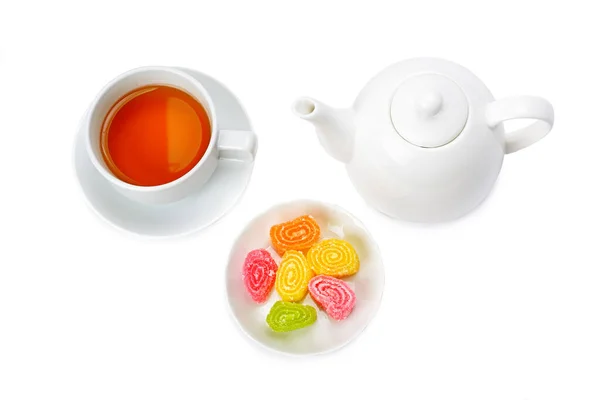 Tasse Thé Théière Bonbons Isolés Sur Fond Blanc Vue Haut — Photo