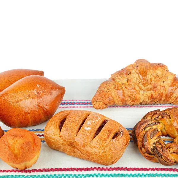 Croissant Muffin Autres Pâtisseries Sucrées Sur Serviette Rustique Isolée Sur — Photo