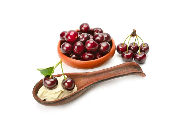 Fresh Appetizing Sweet Cherries Fruit Mousse Isolated White Background — Stock Photo, Image