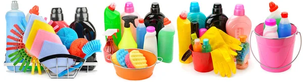 Collection Various Household Cleaning Products Isolated White Background Collage Wide — Stock Photo, Image