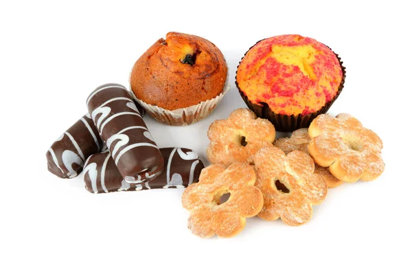 Cookies Και Muffins Που Απομονώνονται Λευκό Φόντο — Φωτογραφία Αρχείου