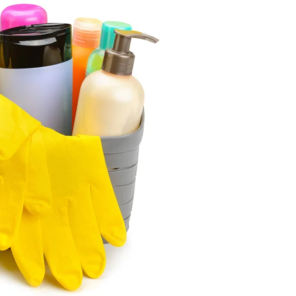 Collection Various Household Cleaning Products Isolated White Background Free Space — Stock Photo, Image