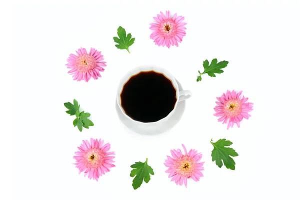 Tasse Kaffee Und Rosa Chrysanthemen Isoliert Auf Weißem Hintergrund — Stockfoto