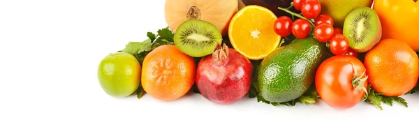 Zöldségek Gyümölcsök Elszigetelt Fehér Alapon Szabad Hely Szövegnek Széles Fénykép — Stock Fotó