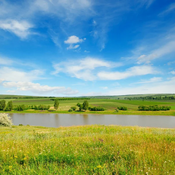 Malebná Letní Krajina Louka Jezero Zemědělská Pole Modré Nebe — Stock fotografie