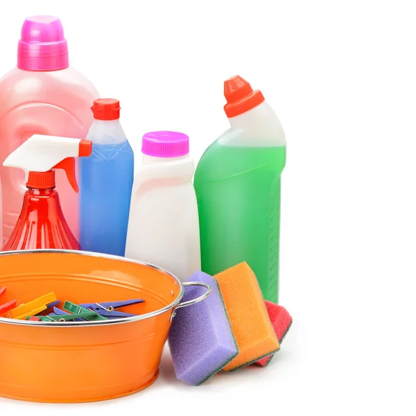 Collection Various Household Cleaning Products Isolated White Background Free Space — Stock Photo, Image