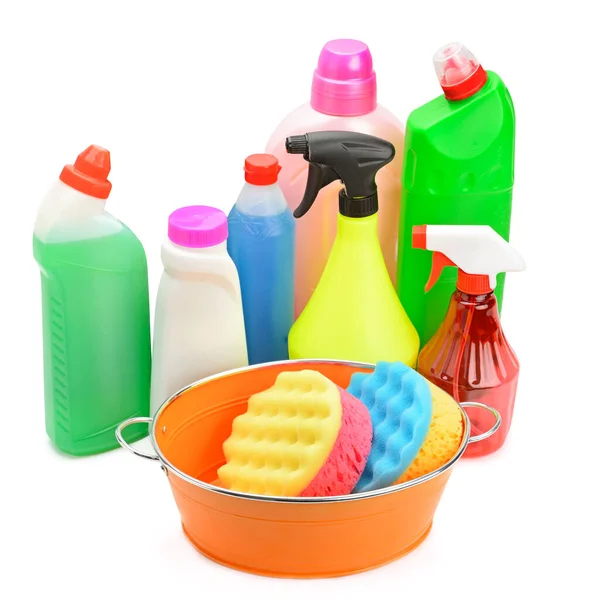 Collection Various Household Cleaning Products Isolated White Background — Stock Photo, Image