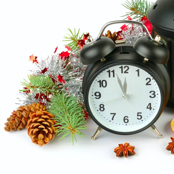 New Year Christmas Decor Retro Alarm Clock Spruce Branch Shiny — Stock Photo, Image