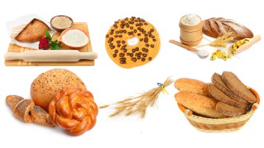 Ekmek, çörekler ve beyaz arka planda izole edilmiş diğer pişmiş yiyecekler. Kolaj. Geniş resim.