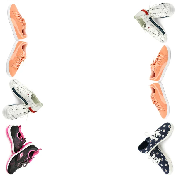 Set Shoes Sports Walking Isolated White Background Collage — Stock Photo, Image