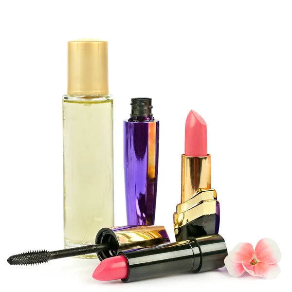 Set Decorative Cosmetics Perfume Bottle Isolated White Background — Foto Stock