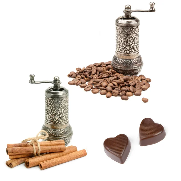 Coffee Grinder Coffee Beans Cinnamon Sticks Isolated White Background Collage — Stock Photo, Image