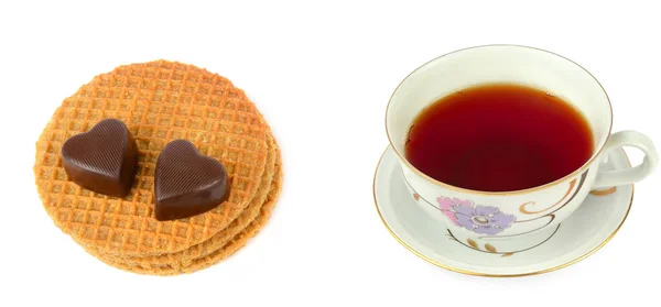 Thé Dans Une Tasse Porcelaine Gaufres Avec Chocolat Isolé Sur — Photo