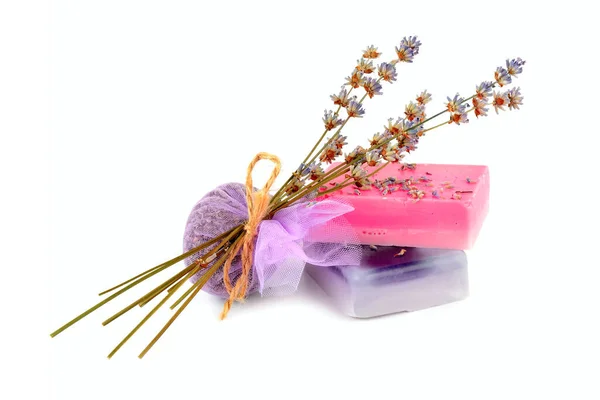 Handmade Soap Sachet Lavender Flowers Isolated White Background — Stock Photo, Image