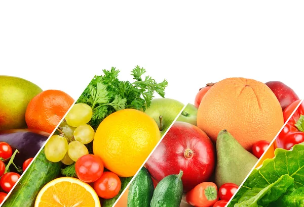 新鮮な果物や野菜の白い背景に分離されたレイアウトの広いコラージュ テキスト用の空き容量 — ストック写真