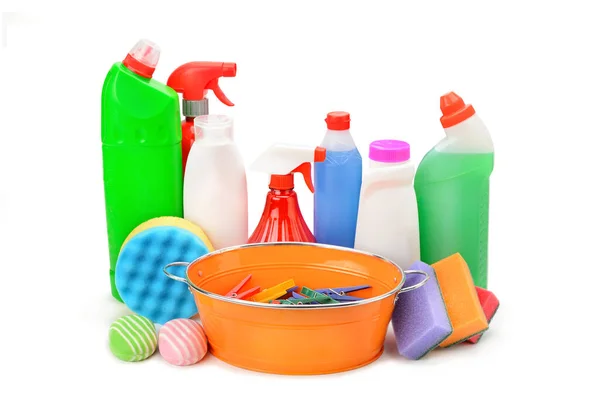 Collection Various Household Cleaning Products Isolated White Background — Stock Photo, Image