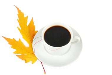 Beyaz arka planda izole edilmiş bir fincan kahve ve sarı akçaağaç yaprağı. Metin için boş alan.