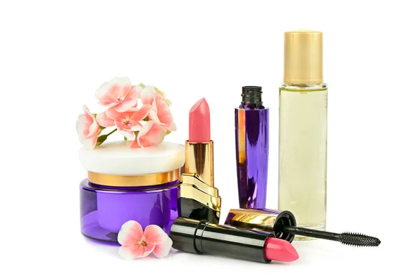 Set Decorative Cosmetics Perfume Bottle Isolated White Background — Foto Stock